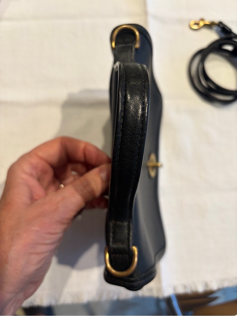 Classic Black Leather Top-Handle Crossbody Bag with Brass Turnlock - Picture 7 of 11